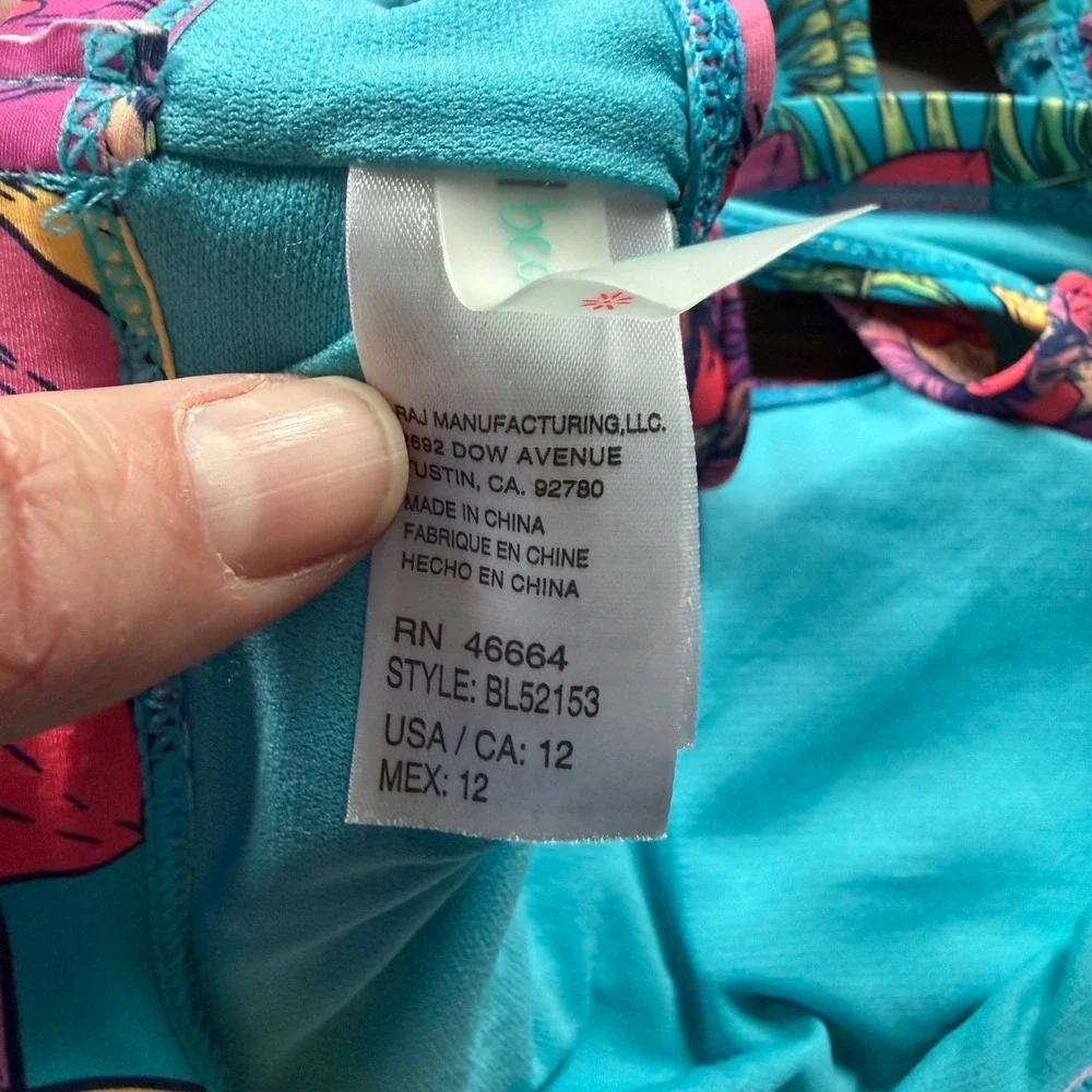 Beach Lingo Girls Tropical Floral High Neck Crossback Bikini Top Teal Pink Sz 12